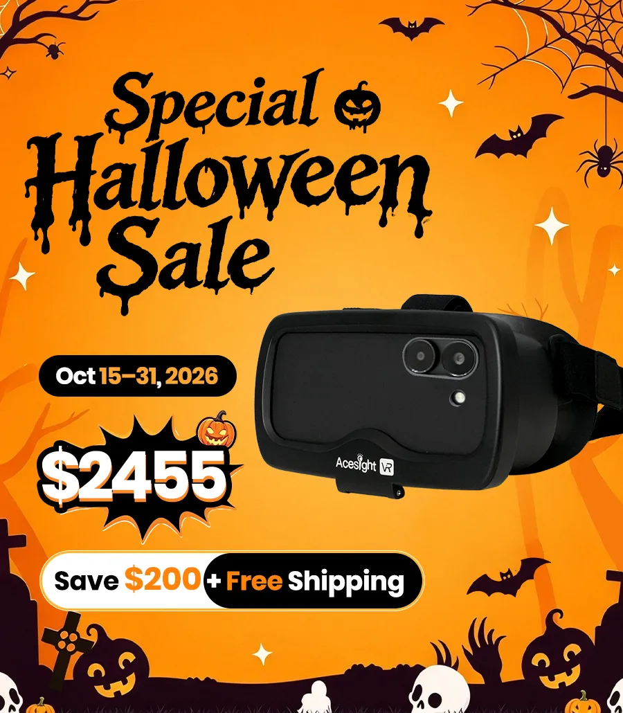 Acesight VR low vision glasses Halloween sale image, Zoomax USA promotion $2455 save $200 free shipping