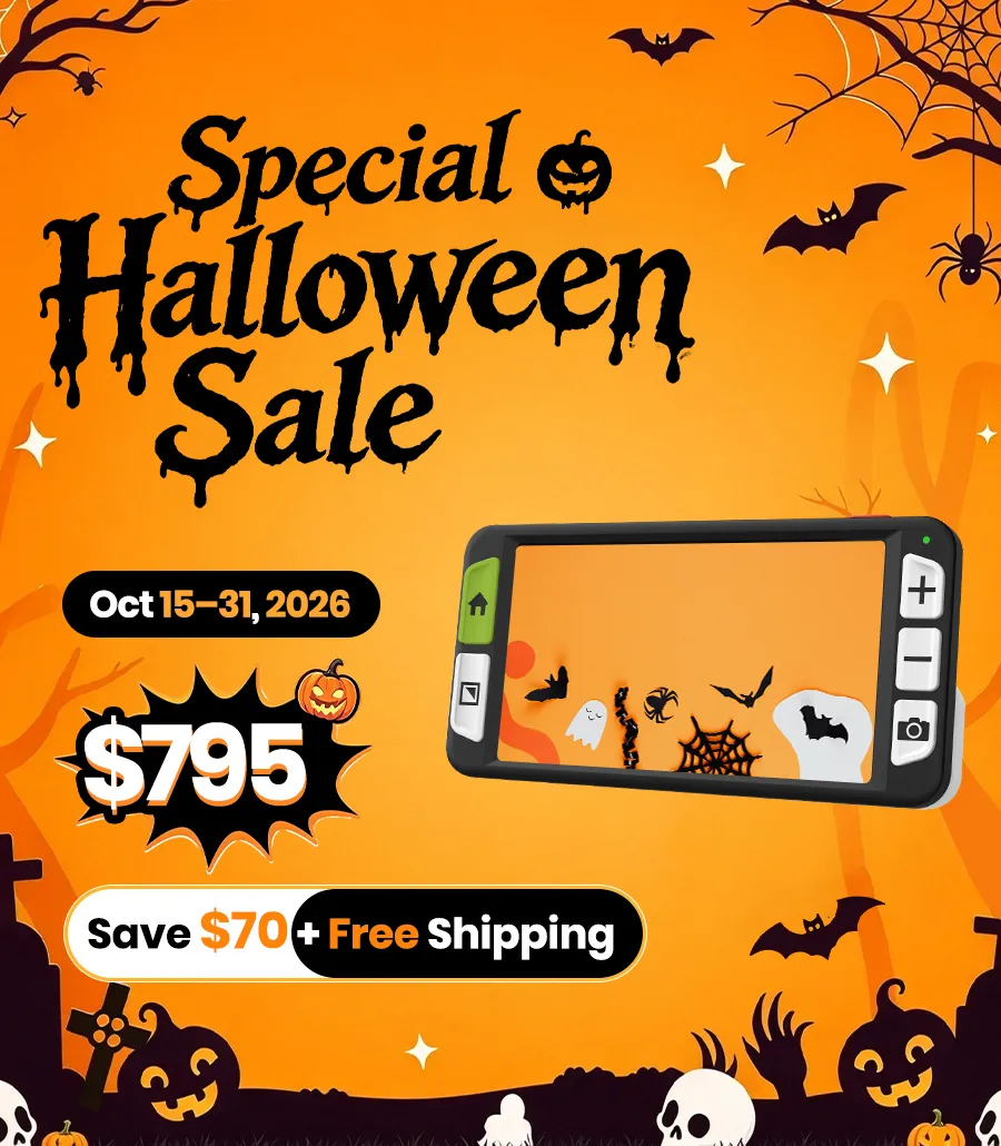 Halloween sale graphic for Zoomax Luna 6 portable digital magnifier, $795, save $70 free shipping Oct15-31