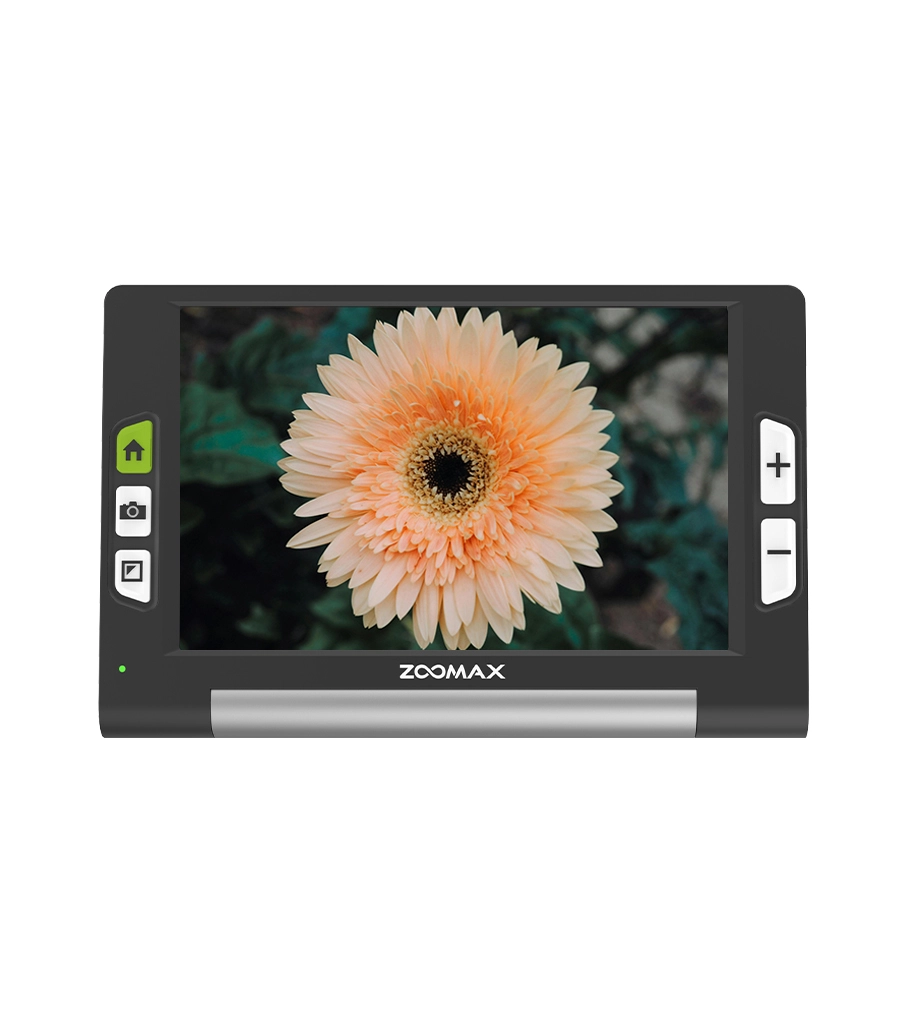 Zoomax Luna 8 handheld digital magnifier for low vision users, front product shot with display screen