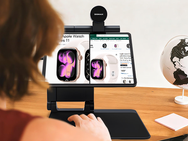 Low vision user shopping online with Zoomax Split view electronic magnifier