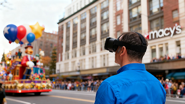 Person wearing ACESIGHT VR low-vision aid watching Macy's Thanksgiving Day Parade with family