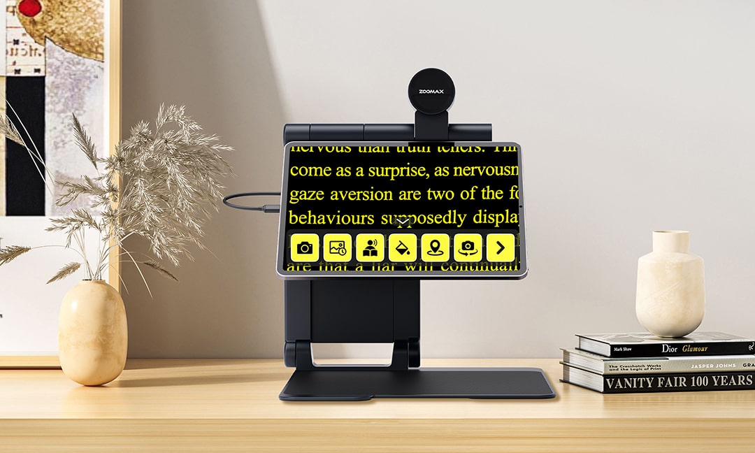 Tablet-like interface of Snow Pad showing customizable contrast modes (yellow-on-black, negative)
