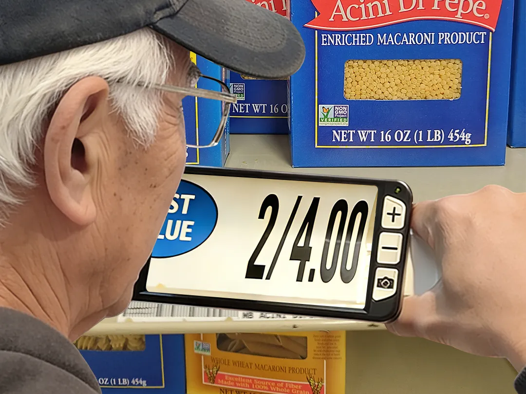 low vision aids for macular degeneration - checking price tags with Zoomax Luna 6