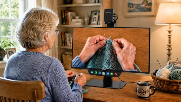 Elderly woman with glaucoma sewing a scarf using Luna Eye desktop magnifier