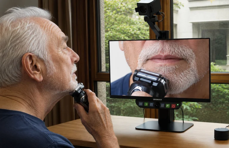 an elderly man using Zoomax Luna Eye desktop video magnifier selfie mode to confidently trim his beard